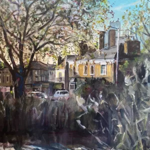 La imagen muestra una pintura titulada Barnes Pond, London.